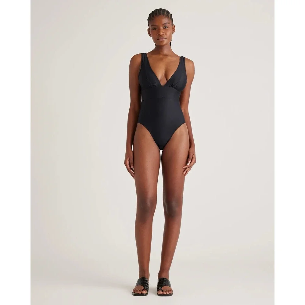 NEW Quince Black Italian Plunge One-Piece Swimsuit Size Large